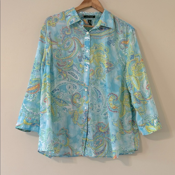 Lauren Ralph Lauren 2X Blue Paisley Pastel Lightweight Button Down Blouse Top - Picture 1 of 8